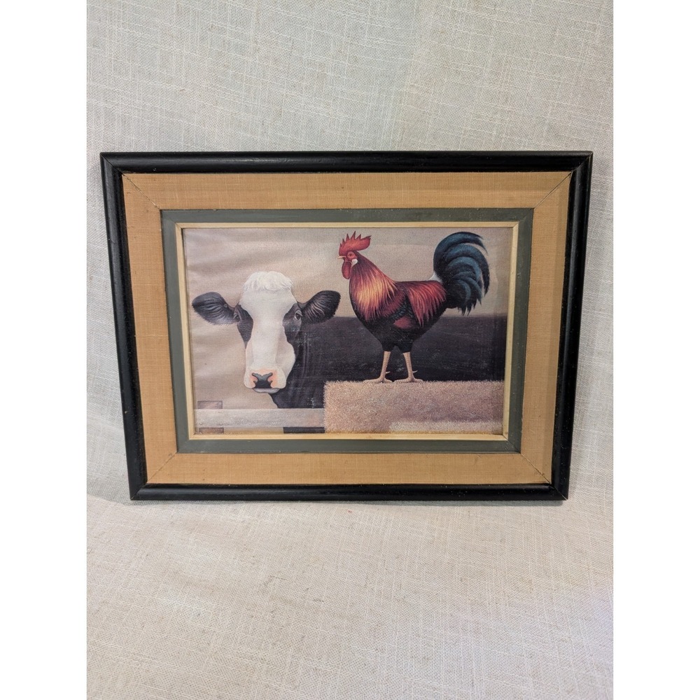 Framed Wall Art Cow & Rooster Picture Rustic Country 16.25" x 12.5"